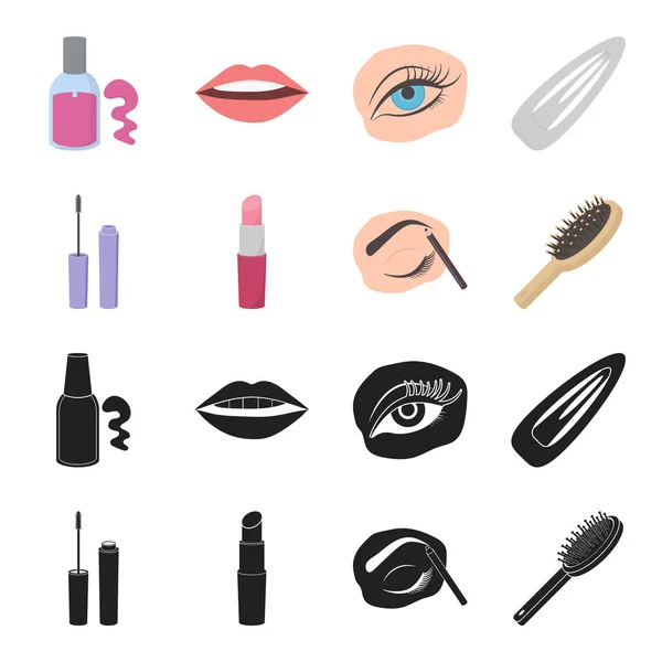 Rímel, cepillo de pelo, lápiz labial, lápiz de cejas, maquillaje conjunto colección iconos en negro, dibujos animados estilo vector símbolo stock ilustración web . — Vector de stock