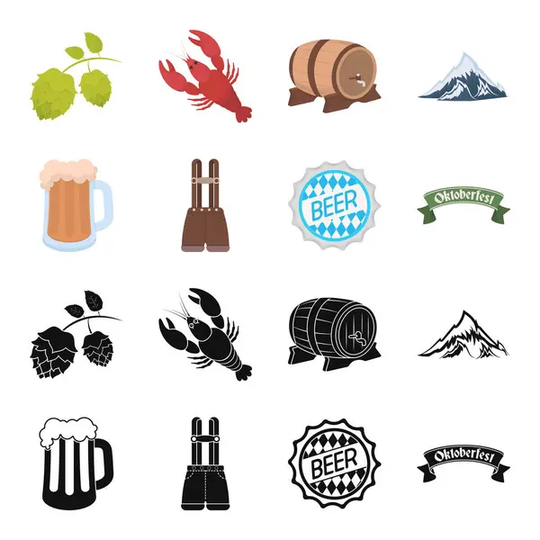 Broek met bretels, een glas bier, een teken, een embleem. Oktoberfest instellen collectie iconen in zwart, cartoon stijl vector symbool stock illustratie web. — Stockvector