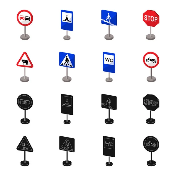 Yol işaretleri siyah, farklı türde karikatür set koleksiyonu tasarım için simgeler. Uyarı ve yasağı işaretler sembol stok web illüstrasyon vektör. — Stok Vektör