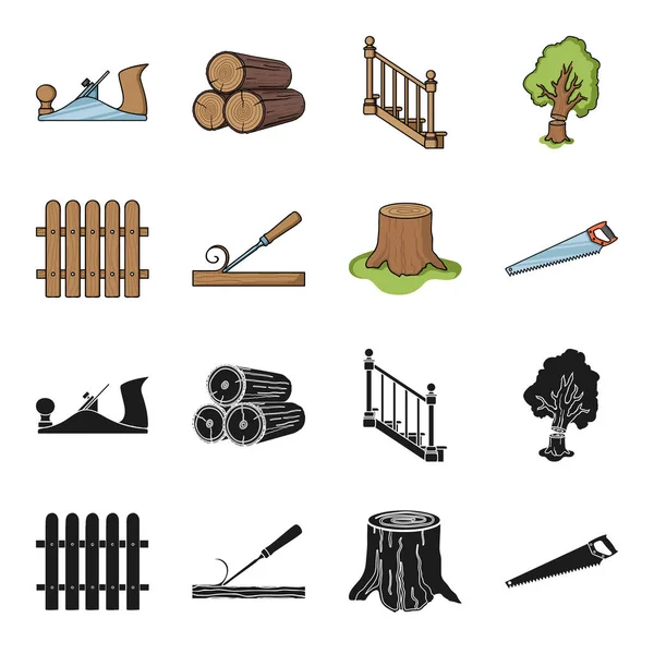 Cerca, cincel, muñón, sierra para madera. Madera y madera conjunto colección iconos en negro, caricatura estilo vector símbolo stock ilustración web . — Vector de stock