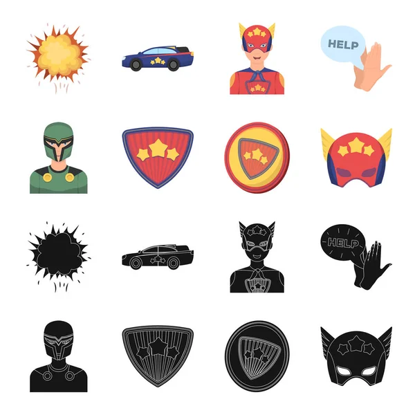 Hombre, máscara, capa y otro icono de la web en negro, estilo de dibujos animados. Traje, superhombre, superfuerza, iconos en la colección de conjuntos . — Vector de stock