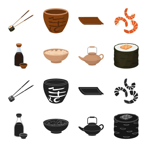 Sojová omáčka, nudle, kettle.rolls.Sushi sada kolekce ikon v černé, kreslený styl vektor symbol akcií ilustrace web. — Stockový vektor