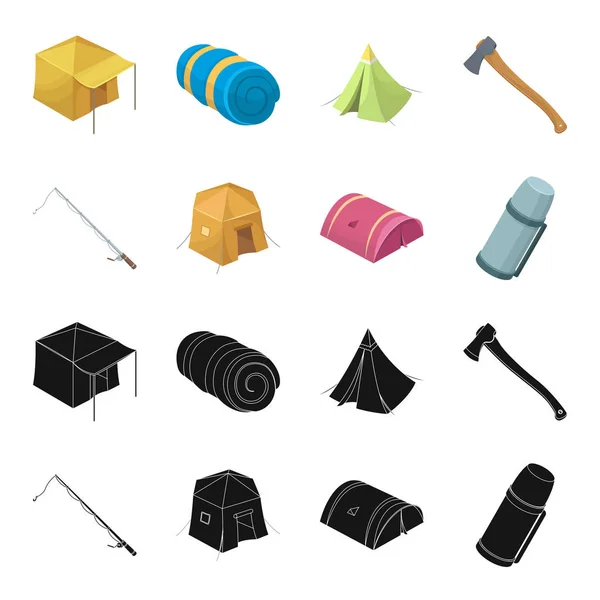 Spinning for fishing, tent, thermos.Tent set collection icons in black, cartoon style vector symbol stock illustration web . — стоковый вектор