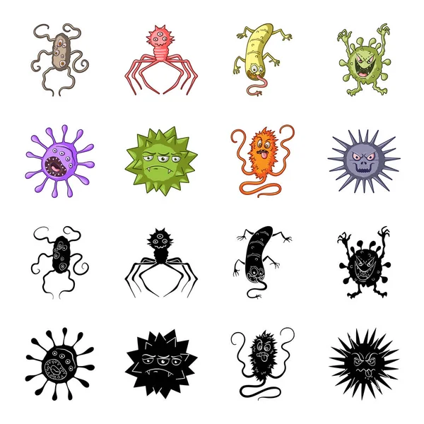 Различные типы микробов и вирусов. Вирусы и бактерии устанавливают иконки коллекции в черном, мультяшном стиле векторных символов иконок паутины . — стоковый вектор