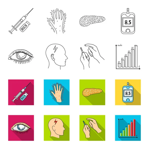 Dålig syn, huvudvärk, glukos test, insulin beroende. Diabetiker som samling ikoner i disposition, platt stil vektor symbol stock illustration web. — Stock vektor