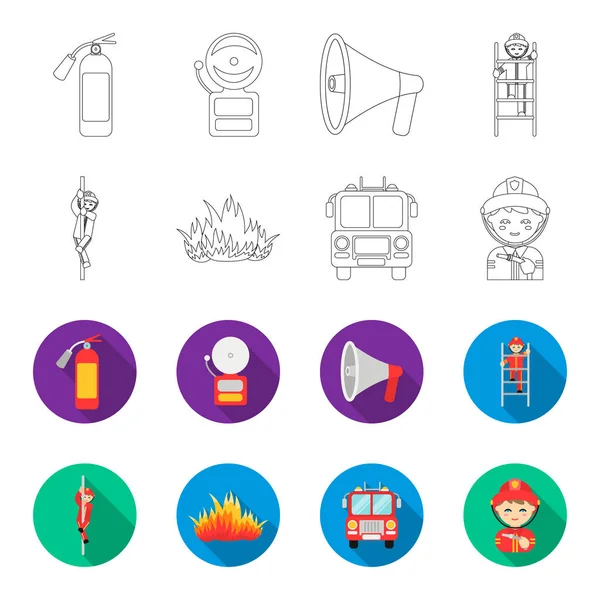 Pompiere, pompiere, camion dei pompieri. Set antincendio set icone di raccolta in contorno, stile piatto vettore simbolo stock illustrazione web . — Vettoriale Stock