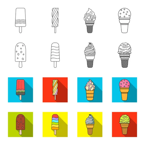 Fagylalt a bottal, egy waffle kúp és más fajok. Ice cream készlet ikonok gyűjtemény vázlat, lapos stílusú vektor szimbólum stock illusztráció web. — Stock Vector