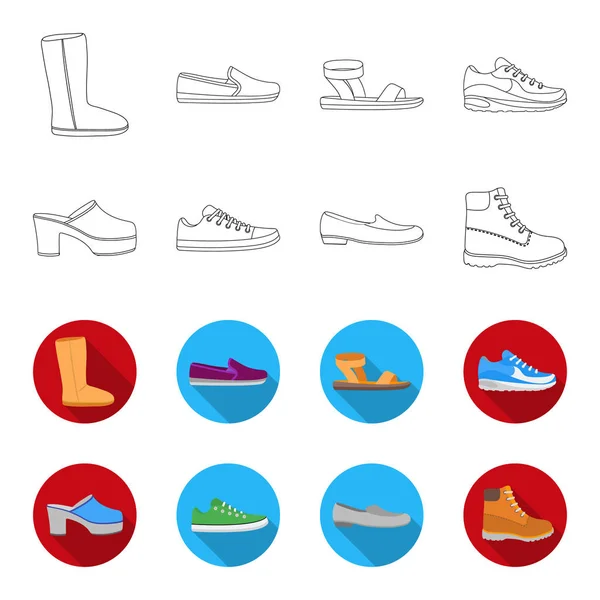 Flip-Flops, Holzschuhe auf hohem Plateau und Absatz, grüne Turnschuhe mit Schnürsenkeln, weibliche graue Ballettflachs, rote Schuhe an der Traktorsohle. Schuhe set collection icons in outline, flat style vektor symbol stock — Stockvektor