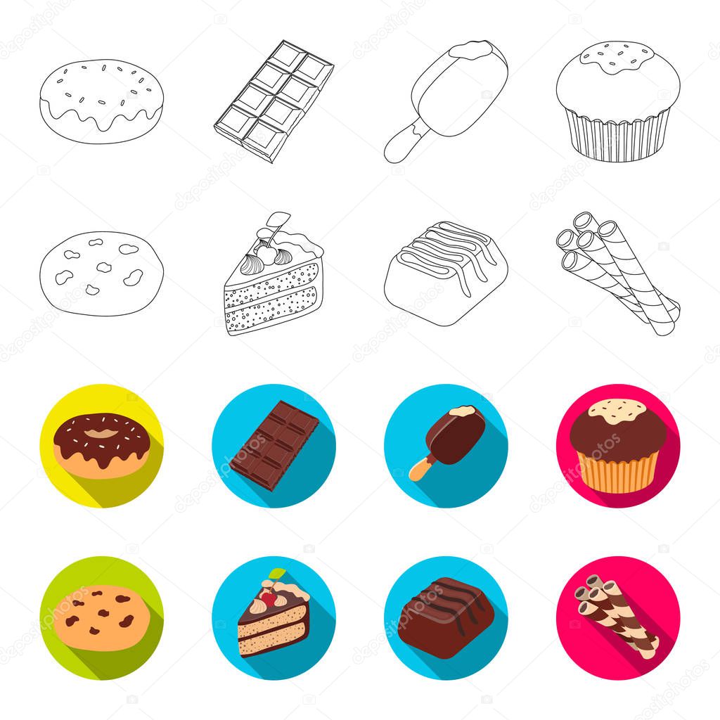 American cookies, a piece of cake, candy, wafer tubule. Chocolate desserts set collection icons in outline,flat style vector symbol stock illustration .