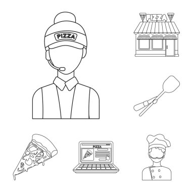 Set koleksiyonu tasarım için pizza ve pizza anahat simgeleri. Personel ve ekipman sembol stok web illüstrasyon vektör.