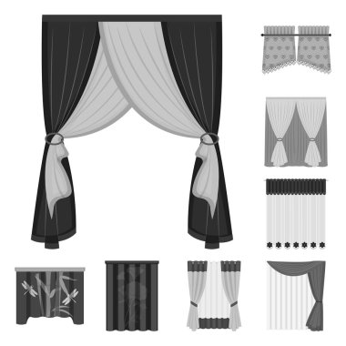 Set koleksiyonu tasarım için perdeler tek renkli simgeler farklı türde. Perdeler ve Saçakların sembol stok web illüstrasyon vektör.