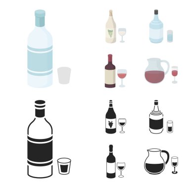 Beyaz şarap, kırmızı şarap, cin, sangria. Alkol toplama simgeler çizgi film, siyah stil vektör simge stok çizim web ayarla..