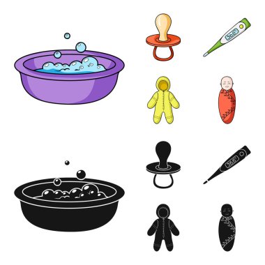 Emzik, elektronik termometre, Çocuk tulumları, çocuk bezi. Bebek set simgeler çizgi film, siyah stil vektör simge stok çizim web tarihi..