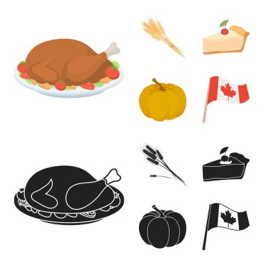 Spike buğday, bir dilim pasta ile kızılcık, kabak, ulusal bayrak. Kanada Şükran günü toplama simgeler çizgi film, siyah stil vektör simge stok çizim web ayarla..