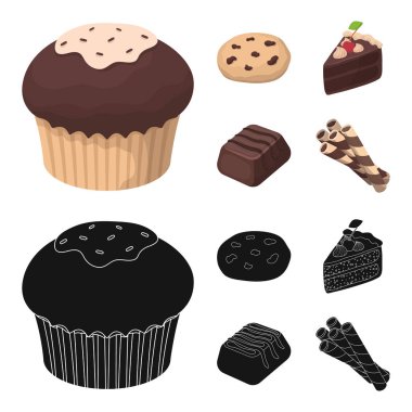 Amerikan kurabiye, kek, şeker, gofret tübül bir parçası. Çikolatalı tatlılar toplama simgeler çizgi film, siyah stil vektör simge stok çizim web ayarla..