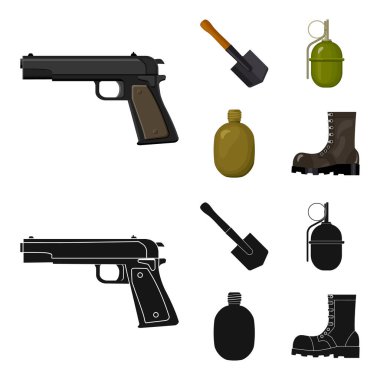 Kazmacı blade, el bombası, ordu flask, asker önyükleme. Askeri ve ordu toplama simgeler çizgi film, siyah stil vektör simge stok çizim web ayarla.