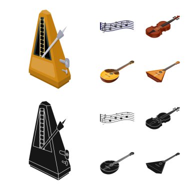 Müzik aleti çizgi film, siyah set koleksiyonu tasarım için simgeler. Resimde web dize ve Nefesli/Üflemeli Saz izometrik vektör simge stok.