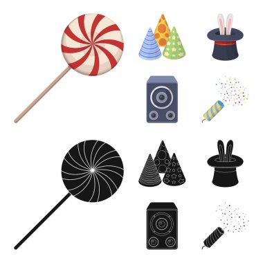 Hileci, müzik ve diğer aksesuarlar partide. Parti ve partits çizgi film, siyah stil vektör simge stok çizim web simgeler ayarla.