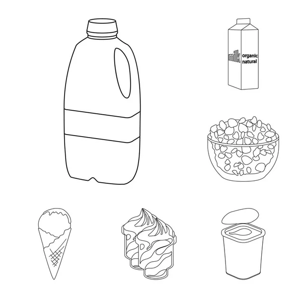 Iconos del esquema del producto de leche en la colección del sistema para la ilustración de la tela del símbolo del vector de la leche y del alimento del diseño. . — Archivo Imágenes Vectoriales