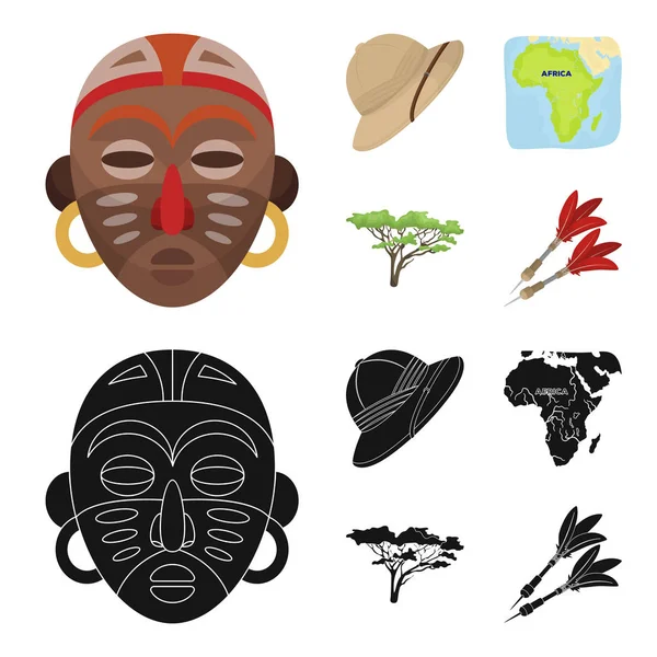 Chapéu de cortiça, dardos, savana, mapa do território. Safari Africano conjunto coleção ícones em desenhos animados, estilo preto símbolo vetorial estoque ilustração web . —  Vetores de Stock