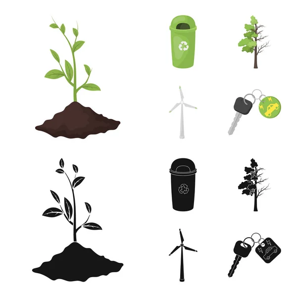Na śmieci, chore drzewa, Turbina wiatrowa, klucz do samochodu bio. Bio i ekologia zestaw kolekcji ikon w kreskówce, czarny styl wektor symbol ilustracji w sieci web. — Wektor stockowy
