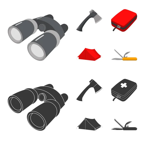 Axt, Verbandskasten, Reisezelt, Klappmesser. camping set sammlung symbole in cartoon, schwarz stil vektor symbol stock illustration web. — Stockvektor