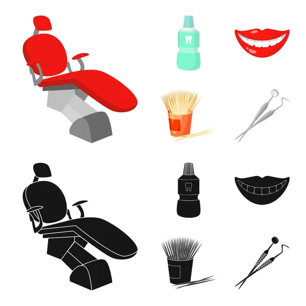 Liquide dentaire stérile dans le bocal, lèvres, dents, cure-dents dans le bocal, instruments médicaux pour le dentiste. Ensemble de soins dentaires icônes de la collection dans la bande dessinée, noir style vectoriel symbole illustration web . — Image vectorielle