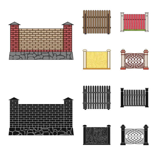 Ett staket av metall och tegel, trä palissad. Ett olika staket som samling ikoner i tecknad, svart stil vektor symbol stock illustration web. — Stock vektor