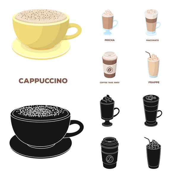 Mocha, macchiato, frappe, tomar café.Diferentes tipos de ícones de coleção de conjuntos de café em desenhos animados, estilo preto símbolo vetorial web ilustração estoque . — Vetor de Stock