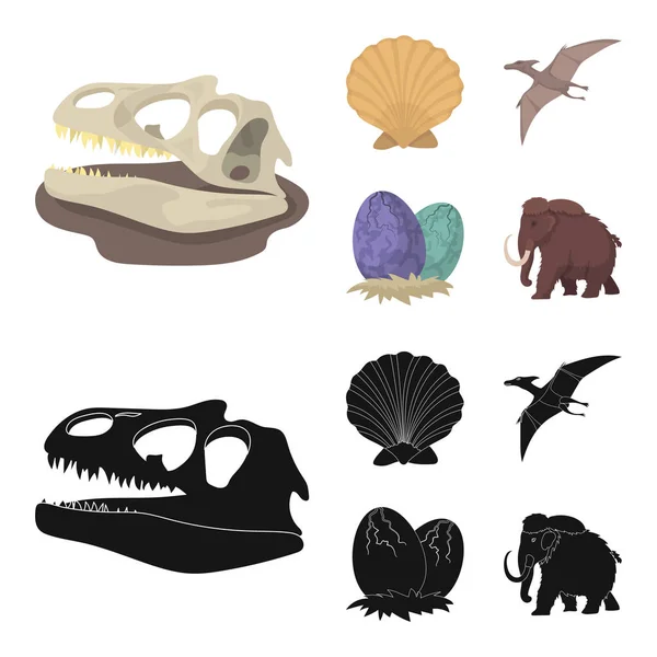 Prehistorické prostředí, dinosauří vejce, pterodaktyla, Mamut. Dinosaurus a prehistorické období sada kolekce ikon v karikatuře, černá styl vektor symbol akcií ilustrace web. — Stockový vektor