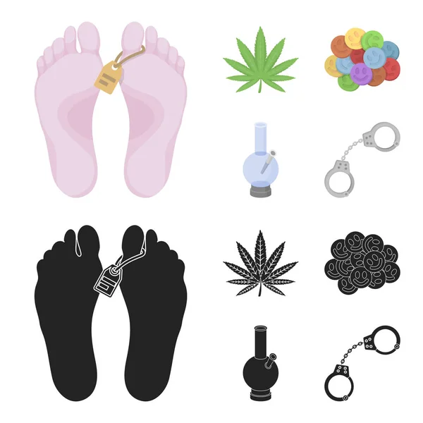 Hemp leaf, ecstasy pill, handcuffs, bong.Drug set collection icons in cartoon,black style vector symbol stock illustration web. — Stock Vector