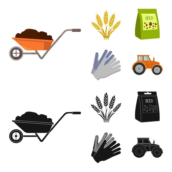 Espiguillas de trigo, un paquete de semillas, un tractor, guantes.Iconos de colección conjunto de granja en dibujos animados, negro estilo vector símbolo stock ilustración web . — Vector de stock
