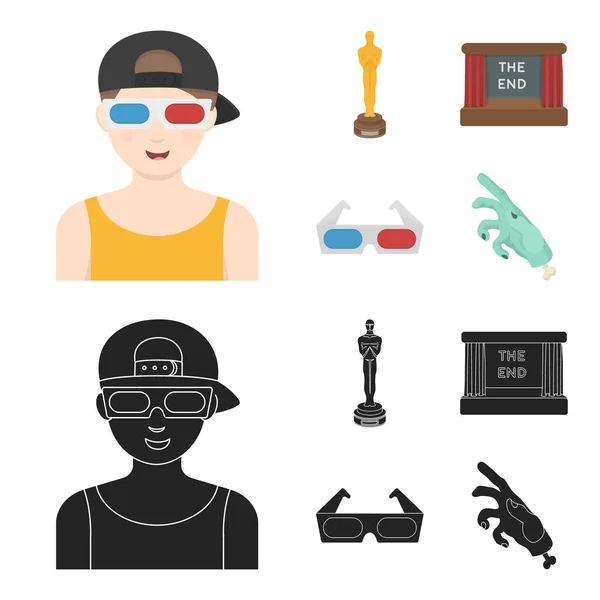 Oscar, écran de film, lunettes 3D. Icônes de collection de films et de décors de films en dessin animé, symbole vectoriel de style noir illustration web . — Image vectorielle