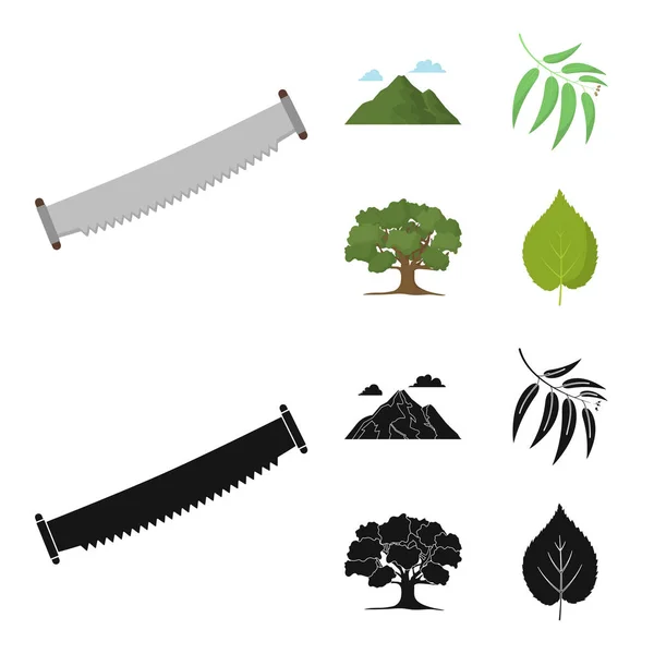 山、雲、木、枝、葉。フォレスト ブラック スタイル ベクトル シンボル ストック イラスト web 漫画でコレクションのアイコンを設定. — ストックベクタ
