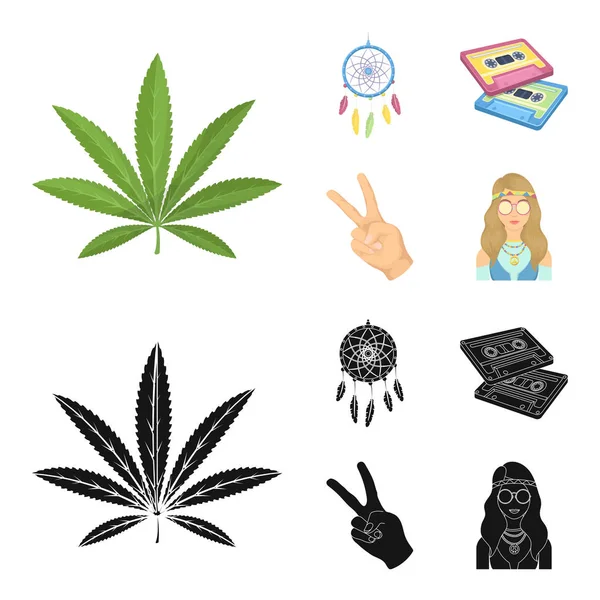 Amulet, hippie girl, freedom sign, old cassette.Hippy set collection icons in cartoon,black style vector symbol stock illustration web. — Stock Vector