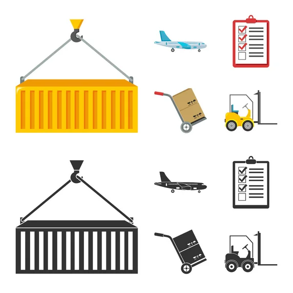 Vrachtvliegtuig, kar voor vervoer, dozen, heftruck, documenten. Logistieke, set collectie iconen in de tekenfilm, zwarte stijl vector symbool stock illustratie web. — Stockvector