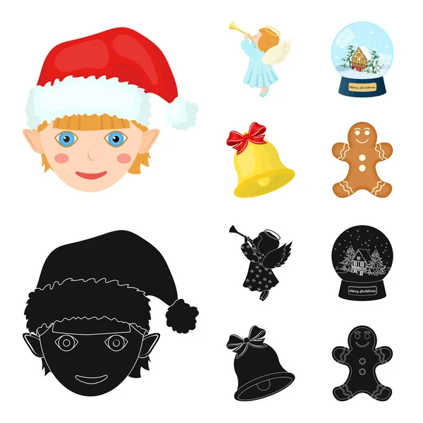 Angel, glass bowl, gingerbread and bell cartoon, black icons in set collection for design. Рождественская векторная веб-иллюстрация . — стоковый вектор