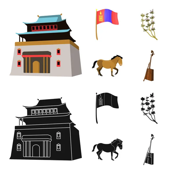 Bandera nacional, caballo, instrumento musical, planta esteparia. Mongolia conjunto de iconos de colección en dibujos animados, negro estilo vector símbolo stock ilustración web . — Vector de stock