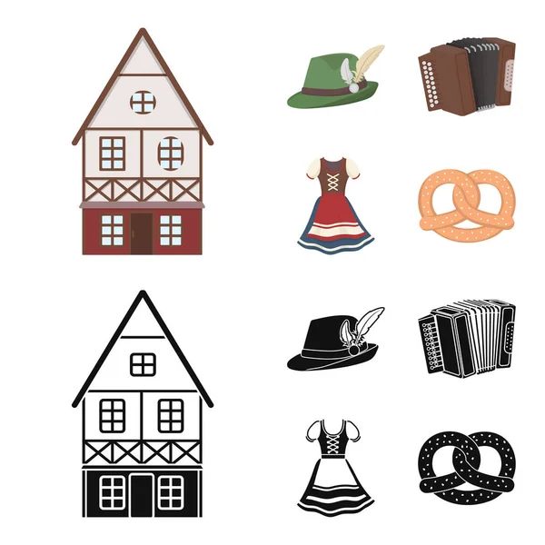 Tiroler hoed, accordeon, jurk, krakeling. Oktoberfest instellen collectie iconen in de tekenfilm, zwarte stijl vector symbool stock illustratie web. — Stockvector