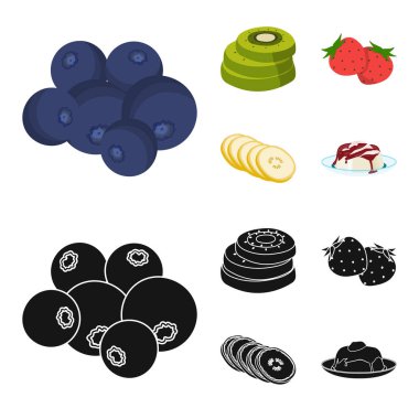 Meyve ve diğer gıda. Yiyecek toplama simgeler çizgi film, siyah stil vektör simge stok çizim web ayarla..