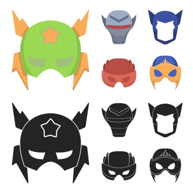 Kask, maske kafasına. Maske süper kahraman çizgi film, siyah stil vektör simge stok çizim web simgeler ayarla.