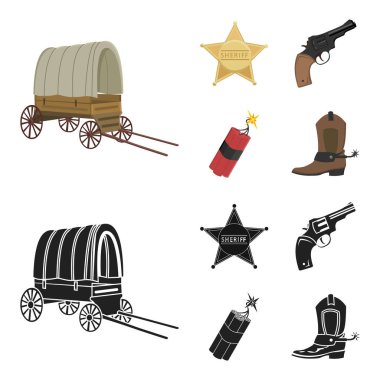 Yıldız Şerif, Colt, dinamit, kovboy çizme. Vahşi Batı toplama simgeler çizgi film, siyah stil vektör simge stok çizim web ayarla..