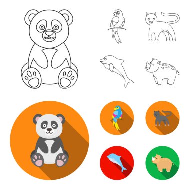 Panda.popugay, Panter, yunus. Hayvan toplama simgeler anahat, düz stil vektör simge stok çizim web ayarla..