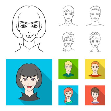 Gençlerin farklı görünüyor. Avatar ve yüz toplama simgeler anahat, düz stil vektör simge stok çizim web ayarla.