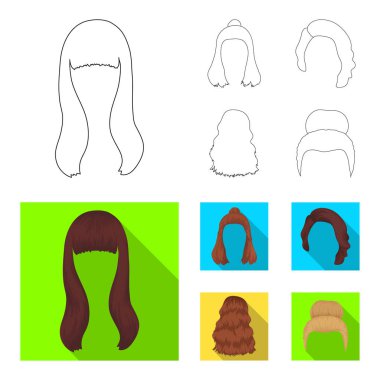 Saç uzun, kırmızı ve diğer türleri. Arka saç toplama simgeler anahat, düz stil vektör simge stok çizim web ayarla..