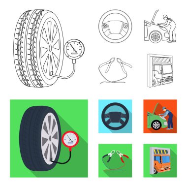 Motor ayarı, direksiyon simidi, kelepçe ve tekerlek anahat, set koleksiyonu tasarım için düz simgeler. Araba bakım istasyonu vektör simge stok çizim web.