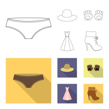 Külot, eldiven, elbise, şapka. Giyim koleksiyonu simgeleri anahat, düz stil vektör simge stok çizim web ayarlamak..