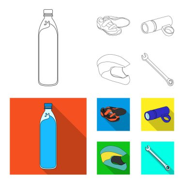 Bir şişe su, spor ayakkabı, bir el feneri için bir bisiklet, koruyucu bir kask. Bisikletçi kıyafet toplama simgeler anahat, düz stil vektör simge stok çizim web ayarla..