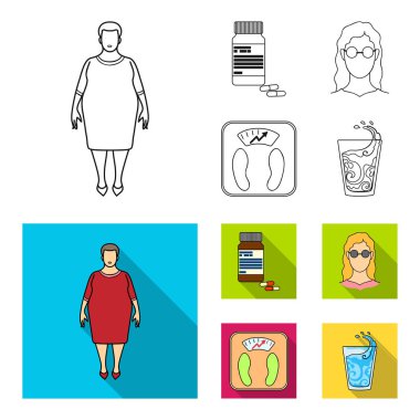 Tam kadın, gözlüklü bir kız, bir terazi ile mükemmel sonuç. Diabeth toplama simgeler anahat, düz stil vektör simge stok çizim web ayarla..