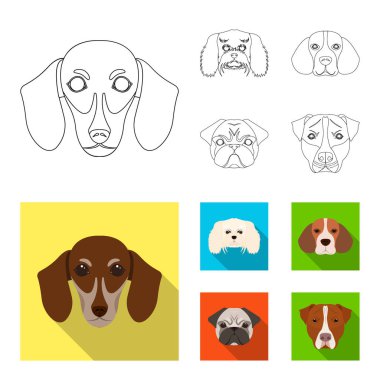 Farklı doğurmak-in köpek ağızlık. Köpek doğurmak dachshund, fino, beagle, pug anahat, düz stil vektör simge stok çizim web toplama simgeler ayarla.
